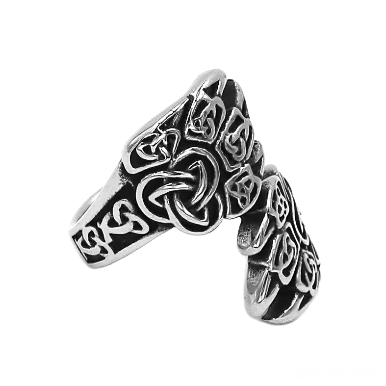 Double wrap bear claw Celtic knot ring top angle showcasing antique silver finish and intricate Norse-inspired engraved details