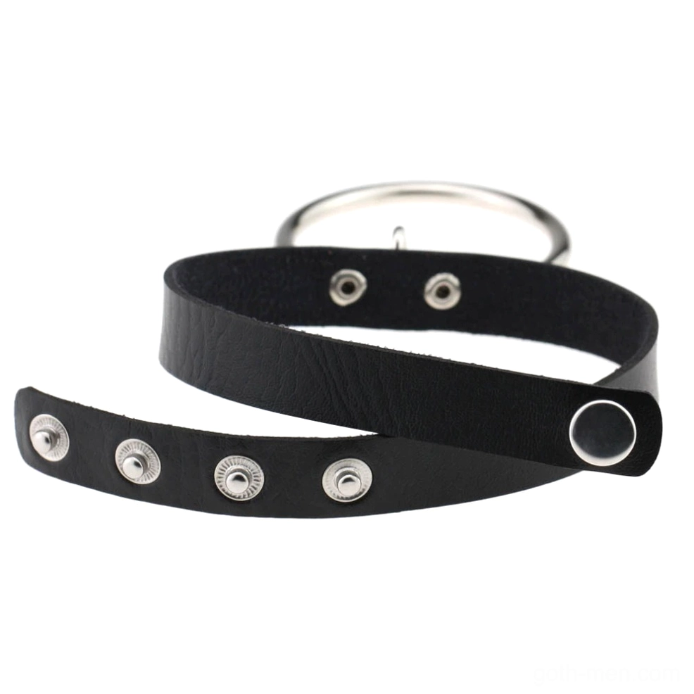 Black gothic choker side view showing double-layered strap design and silver metal hardware construction