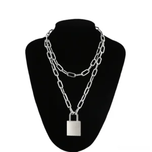 Double layer padlock chain necklace front view on black mannequin, square hollow lock pendant with paperclip link chain design