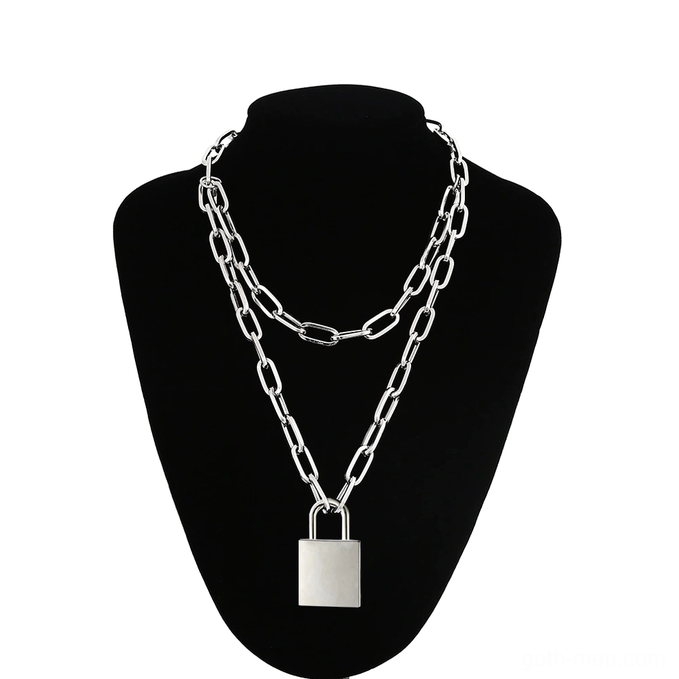 Double layer padlock chain necklace front view on black mannequin, square hollow lock pendant with paperclip link chain design