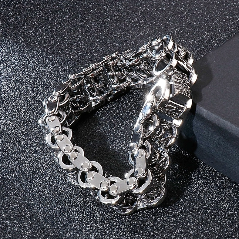 Dragon stainless steel bracelet clasp and chain links intricate relief patterns metal