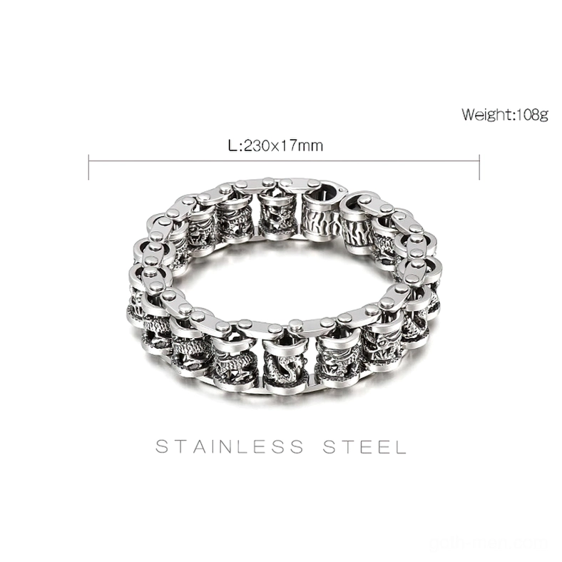 Stainless steel dragon bracelet two side views showing carved dragon motifs dimensions