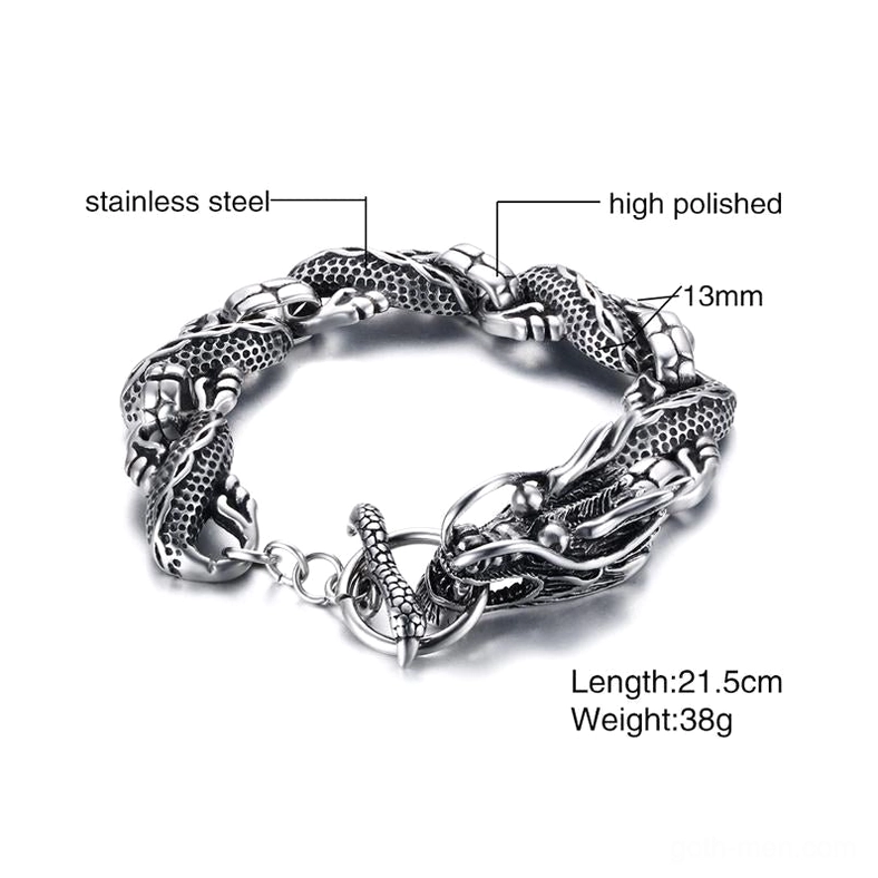 dragon stainless steel bracelet specifications 13mm width 21.5cm length polished metal finish detail