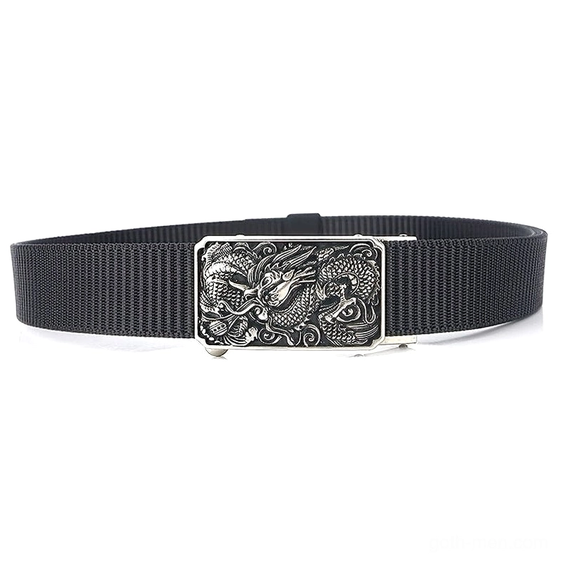 Gothic dragon tactical belt detail shot highlighting embossed zinc alloy buckle craftsmanship and webbing texture