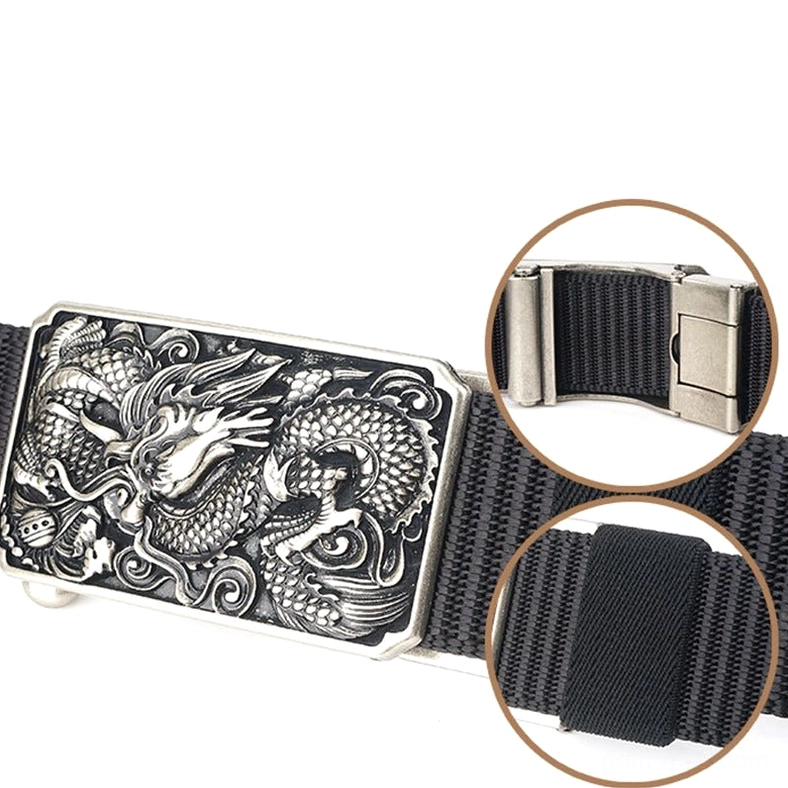 Tactical nylon gothic belt showing embossed dragon buckle surface detail and zinc alloy construction