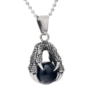 Dragon claw black crystal gothic pendant necklace - front overhead view showing intricate claw texture gripping polished black stone