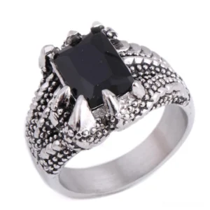 Dragon's claw gothic ring with black onyx stone, three-quarter front view showing detailed metal claws and rectangular dark gem setting