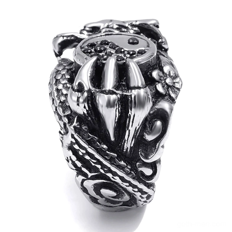Dragon claw gothic biker ring front top-down view showcasing claw engraving and yin yang with dark stones