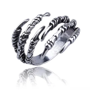 Dragon claw gothic open ring three-quarter front view showing antique silver finish and textured claw bone design with adjustable wraparound band on white background