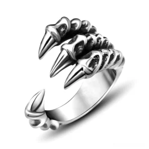 Dragon claw gothic biker ring stainless steel left front view with detailed three-claw open band design