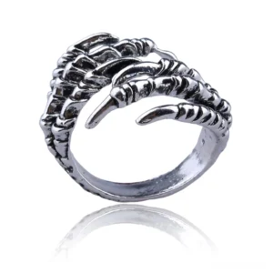Dragon claw gothic statement ring side front view displaying vintage silver clustered claw details and open ring band construction