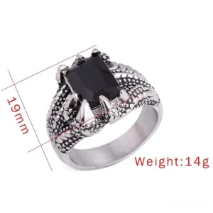 Dragon claw ring specifications: 19mm width band, 14g weight, front view with measurement reference
