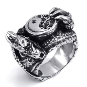 Dragon claw gothic biker ring stainless steel top-down view showing intricate carved dragon design with yin yang centerpiece