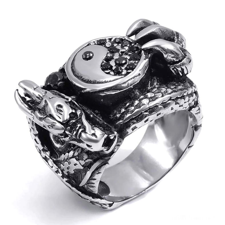 Dragon claw gothic biker ring stainless steel top-down view showing intricate carved dragon design with yin yang centerpiece