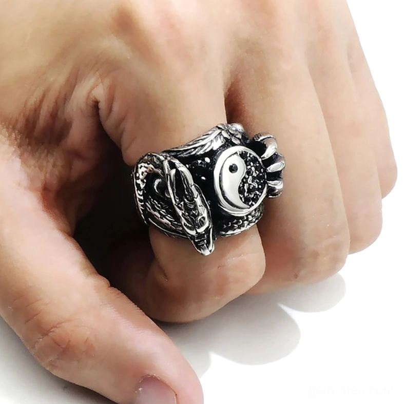 Dragon claw gothic ring worn on male hand side view showing authentic biker aesthetic and vintage silver finish