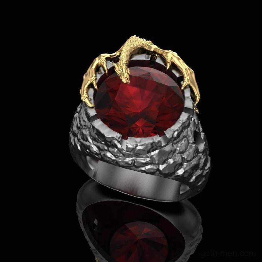Top oblique view of grey dragon claw ring gripping round red gem on scale-textured band, gothic statement