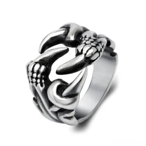 Dragon claw gothic ring side oblique angle displaying curved talon design with vintage antique silver finish
