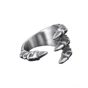 Dragon claw open biker ring side profile showcasing brushed metal band and claw detailing