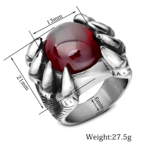Dragon claw ring dimensions and specifications, 27.5g stainless steel with red CZ gem, measurement details shown