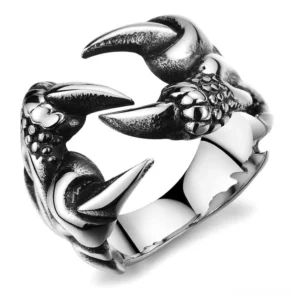 Dragon claw gothic biker ring top view showing textured scale details and polished silver metal band