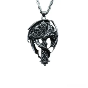 Dragon cross Celtic knot stainless steel gothic pendant necklace front view on white background