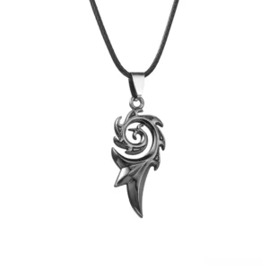 Dragon flame stainless steel gothic pendant necklace flat lay with waxed cord chain