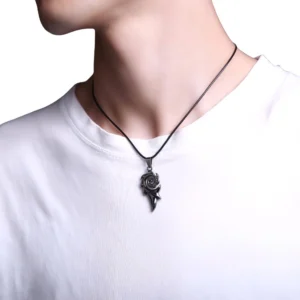 Men wearing dragon flame gothic pendant necklace styled with white casual t-shirt close-up
