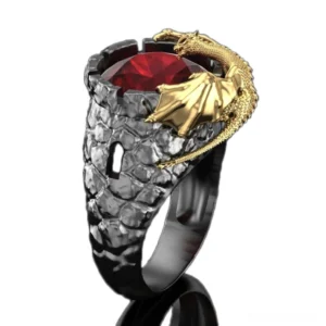 Golden dragon coiled around red gemstone on textured black scale band, front-side view gothic statement ring
