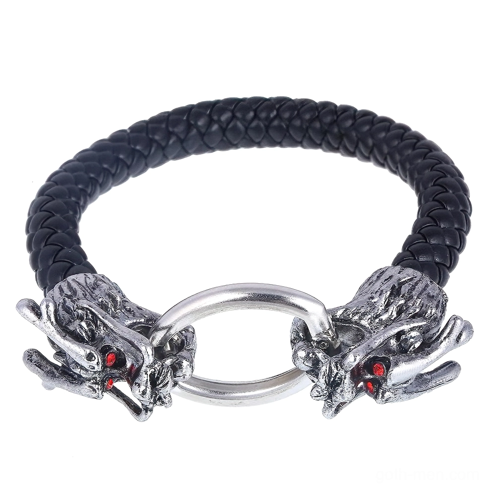 Dragon head silver clasp gothic leather bracelet with red gemstone eyes - front view flat lay product shot