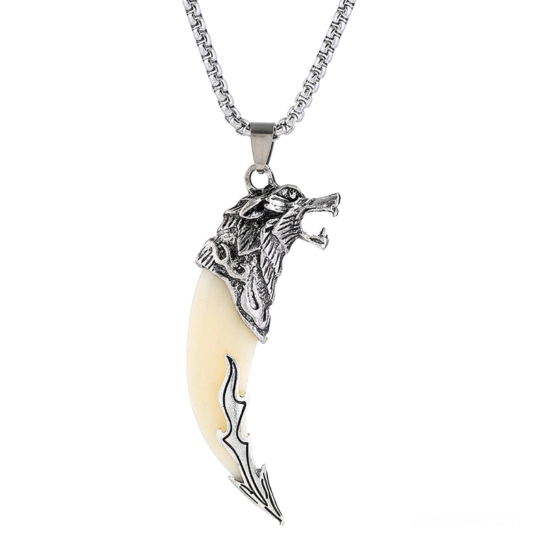 gothic wolf tooth pendant necklace front view dragon head metal cap alternative jewelry