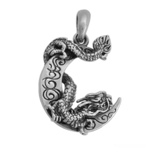 Dragon moon sterling silver gothic pendant front view with intricate carved details and antique silver finish