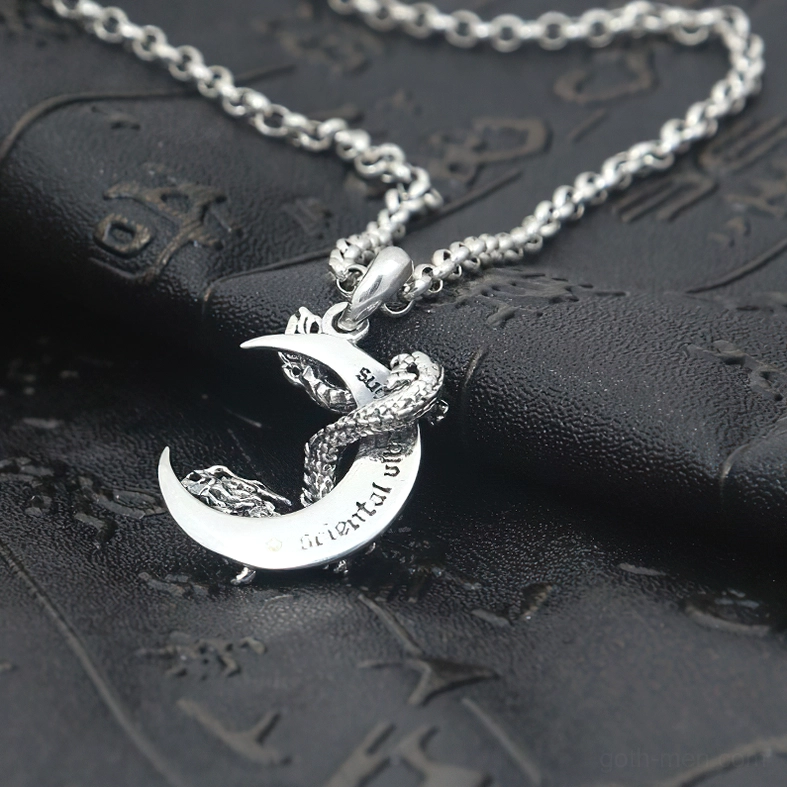 Dragon moon sterling silver pendant back view showing S925 hallmark stamp and engraved swirl patterns authentic gothic jewelry
