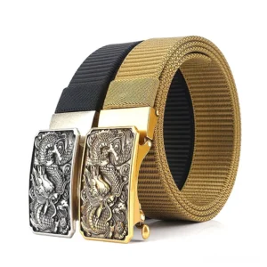 Tactical dragon nylon belts flat lay display featuring multiple color variants with embossed zinc alloy dragon buckles