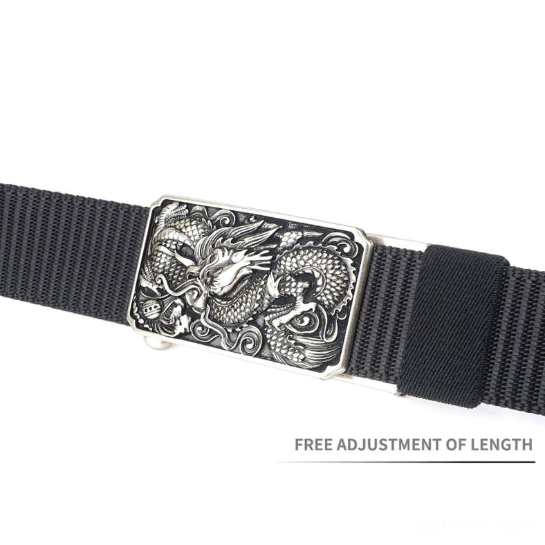 Gothic tactical nylon belt embossed dragon buckle profile view showing construction quality and embossed detail