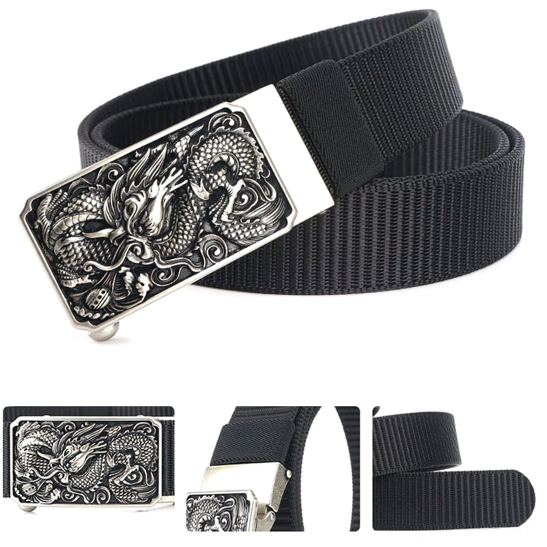 Tactical military nylon belt with embossed dragon buckle showing reinforced stitching and webbing durability