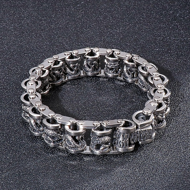 Dragon totem stainless steel bracelet full circular display vintage silver polished