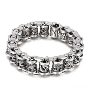 Dragon totem stainless steel bracelet top view silver finish gothic mens jewelry