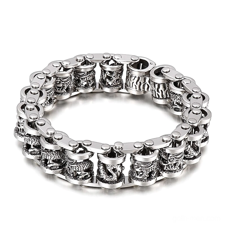Dragon totem stainless steel bracelet top view silver finish gothic mens jewelry
