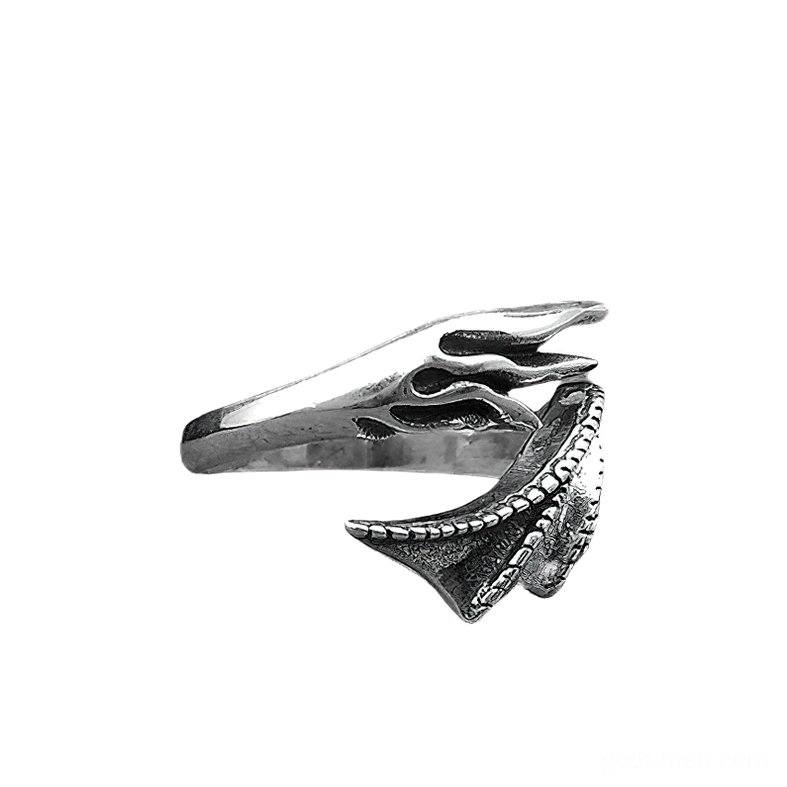 Dragon skull wing open ring, right side oblique view showcasing polished vintage silver tone and detailed wing carving