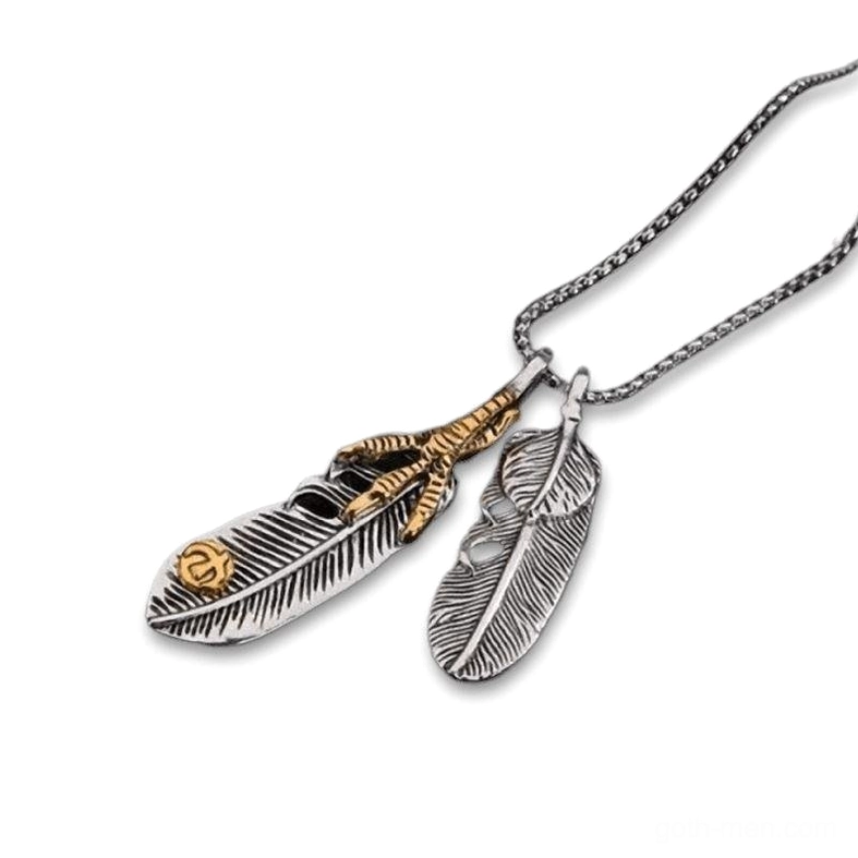 Dual-feather eagle claw pendant necklace with gold-tone finish and vintage silver texture on white background