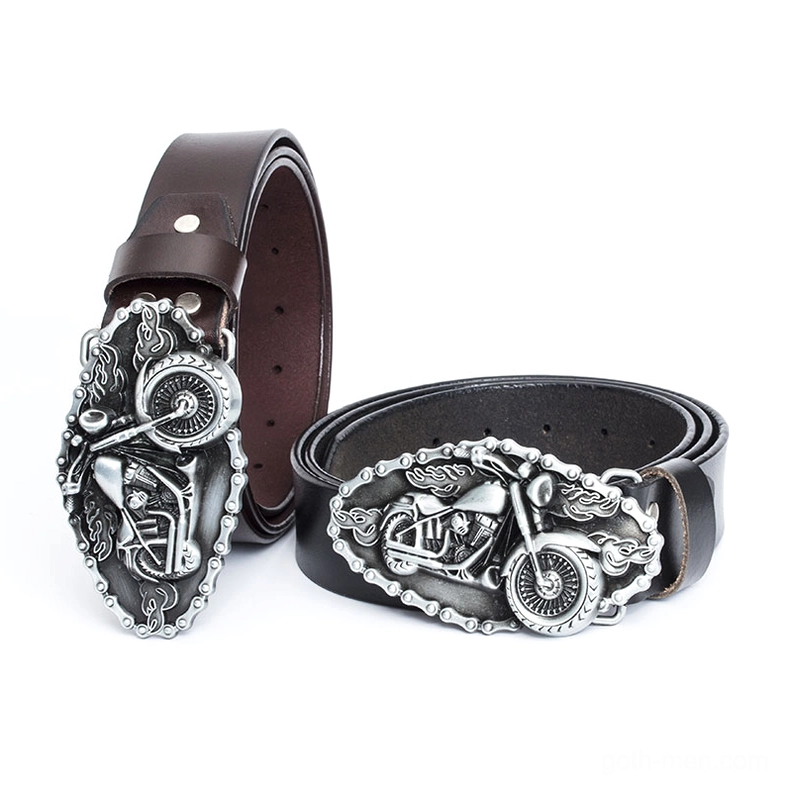 Two biker leather belts displayed side by side - one brown and one black with silver motorcycle wheel themed buckles