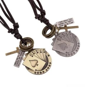 Dual antique metal poker card cross leather necklaces with engraved charms and vintage gothic styling