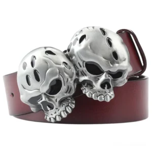 Dual skull genuine leather gothic belt with vintage silver buckles and burgundy cowhide strap, unisex alternative fashion accessory
