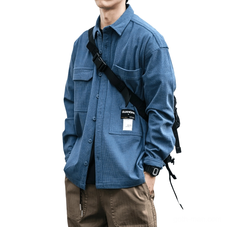 Dusty blue waffle texture gothic shirt side view with crossbody strap - alternative fashion details