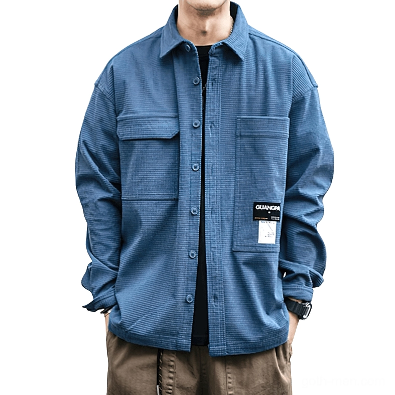 Dusty blue waffle texture gothic shirt front full-body display - goth alternative casual style