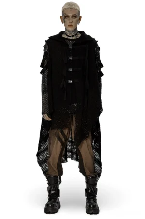 Black dystopian mesh and knit spliced gothic cape front view on male model showing asymmetrical hem and webbing buckle straps