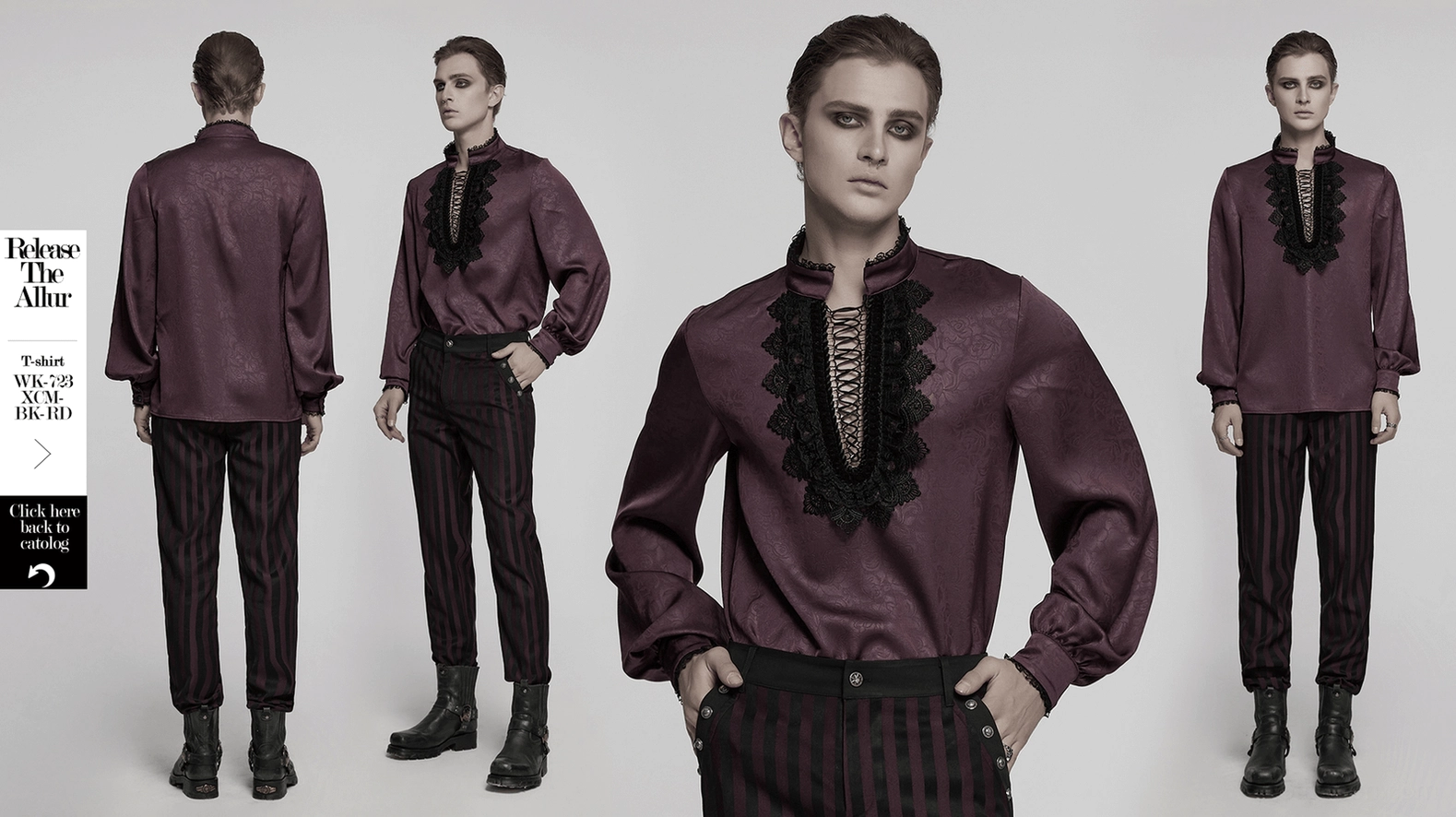 Elegant burgundy gothic lace shirt for men - stand-up collar and jacquard weave romantic darkwear