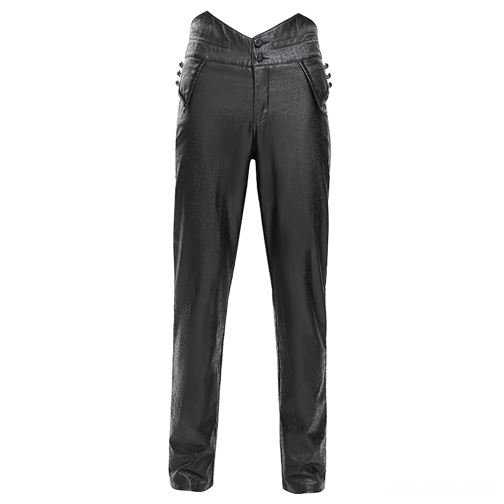 Flat lay studio shot of black embossed gothic leather pants, highlighting damask pattern and decorative side buttons