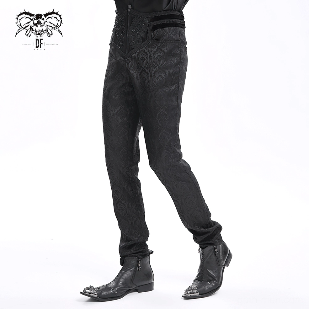 Black embossed pants front detail view, close-up of damask pattern, high-waist construction, front zipper, and refined tailoring on model