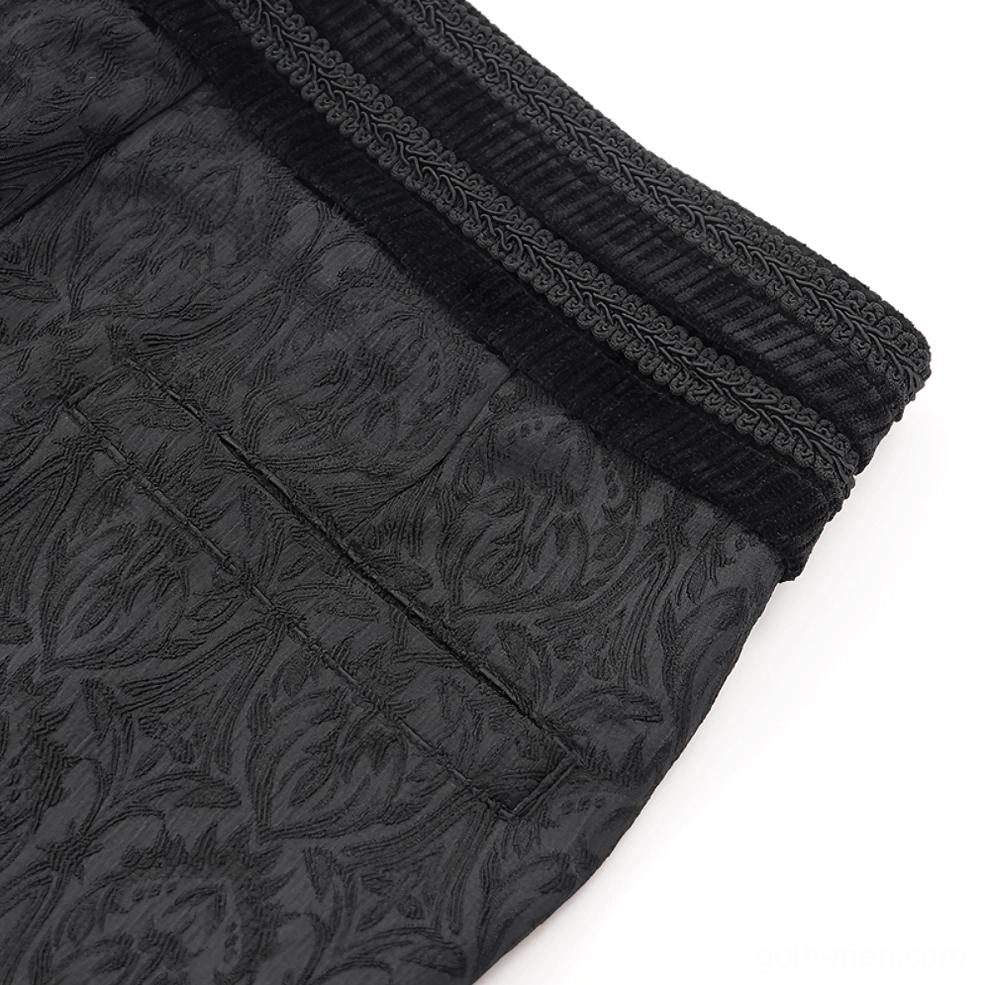 Damask embossed pants side seam close-up, revealing braided velvet trim, hidden pocket construction, and intricate damask jacquard fabric texture